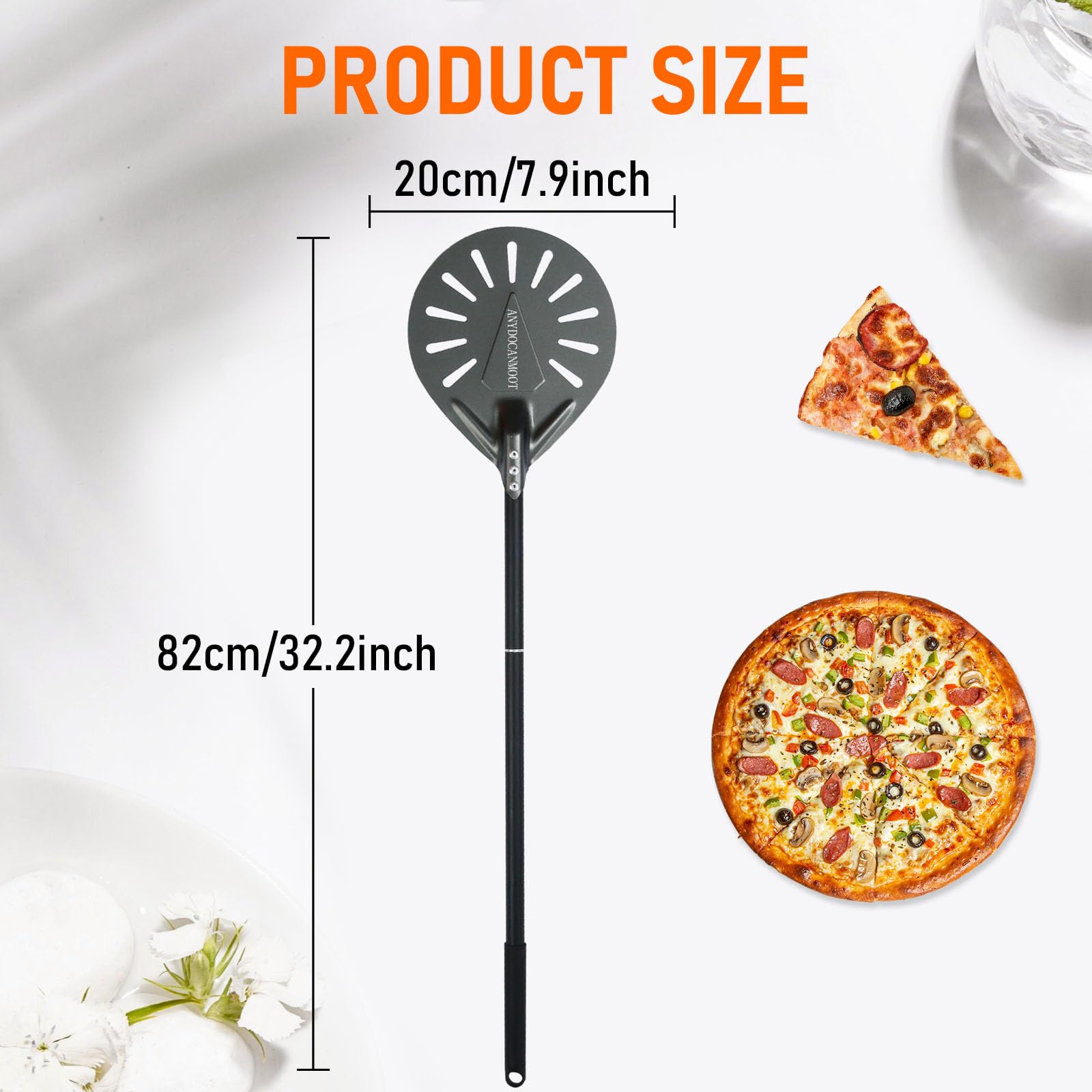 Espátula perforada para pizza de 6 pulgadas, mango largo, espátula de metal para pizza para interiores y exteriores (paquete de 6 pulgadas)