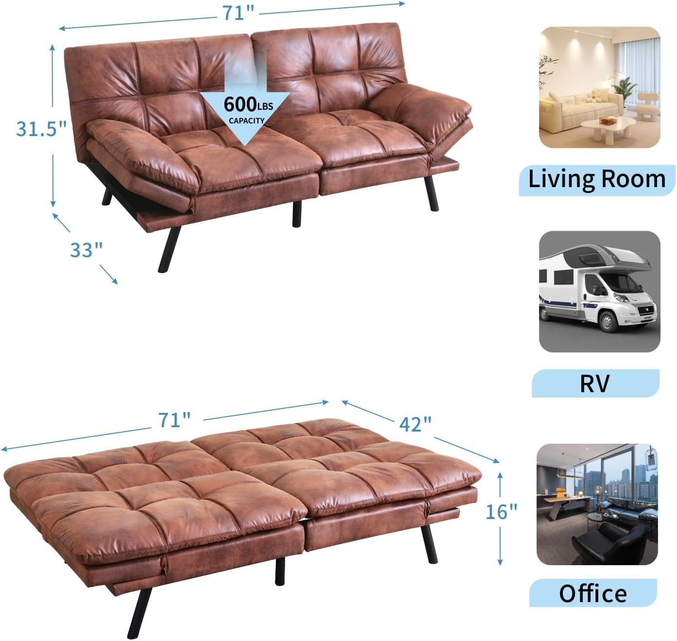 MUUEGM Memory Foam Futon Sofa Bed, 71" Convertible Sofa Bed, Modern Loveseat Sleeper Sofa with Adjustable Backrest & Armrest, Linen Fabric Futon Couch for Living Room, Office, Apartment, Brown