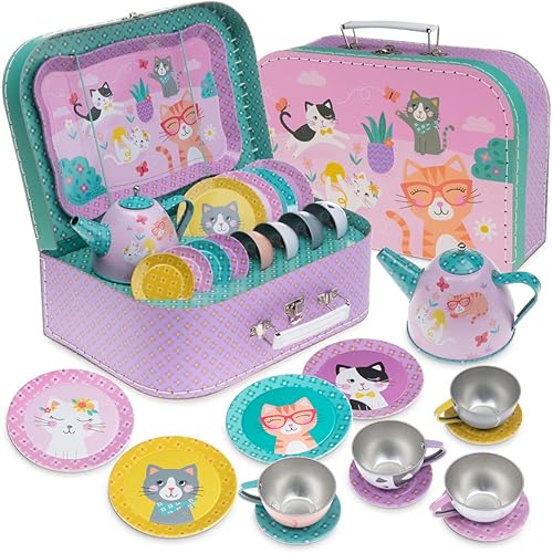 Jewelkeeper Tea Set for Little Girls - 4 Sets Kids Tin Tea Party with Cups, Saucers, Plates & Serving Trays - Toddler Princess Tea Time Pretend Play - Cat Design Picnic Toy - Girls Birthday Gift