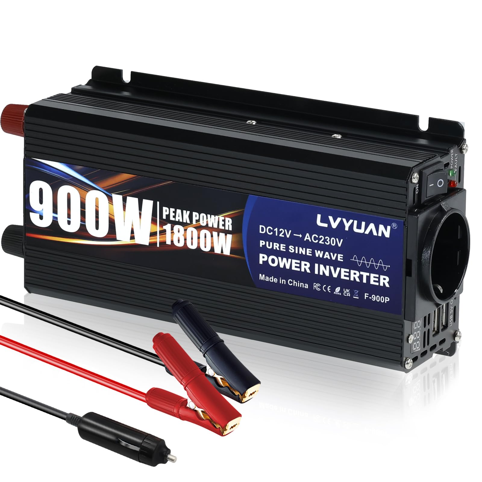 LVYUAN Convertisseur 12V 220V 900W/ 1800W Pur Sinus Onduleur à Onde Sinusoïdale Pure avec 1 Prise UE et 2 Ports USB, convertisseur de Courant pour Voiture, Caravane, Bateau, Camping