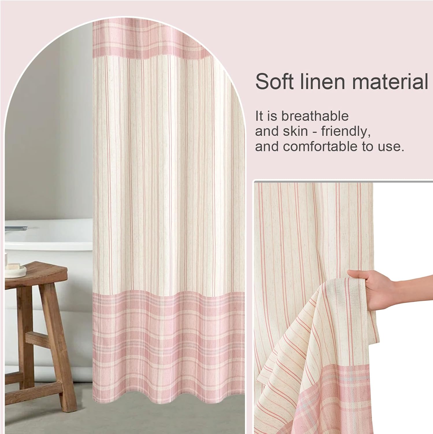 ORTIGIA Pink Plaid & Striped Shower Curtain - Heavy Dusty Linen Blend Fabric, Rustic Vintage Buffalo Check Design, 72x72 inches Bathroom Curtain with 12 Metal Hooks for Modern Farmhouse