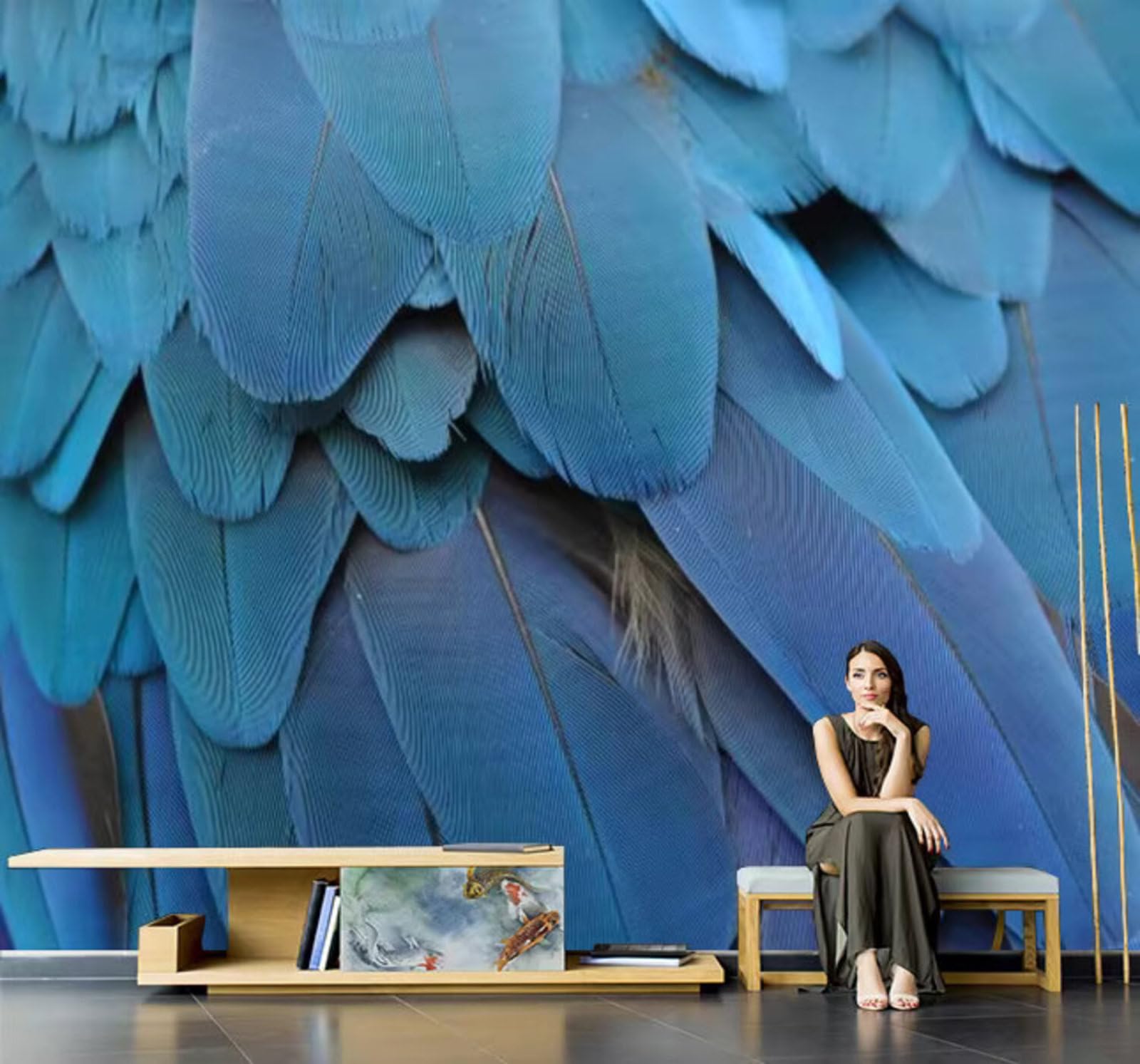 Three Dimensional Luxury Art Blue Feathers 3D Wallpaper Easy Install Feature Office Living Room Sofa Bedroom TV Background Wall Decoration-250cm×170cm