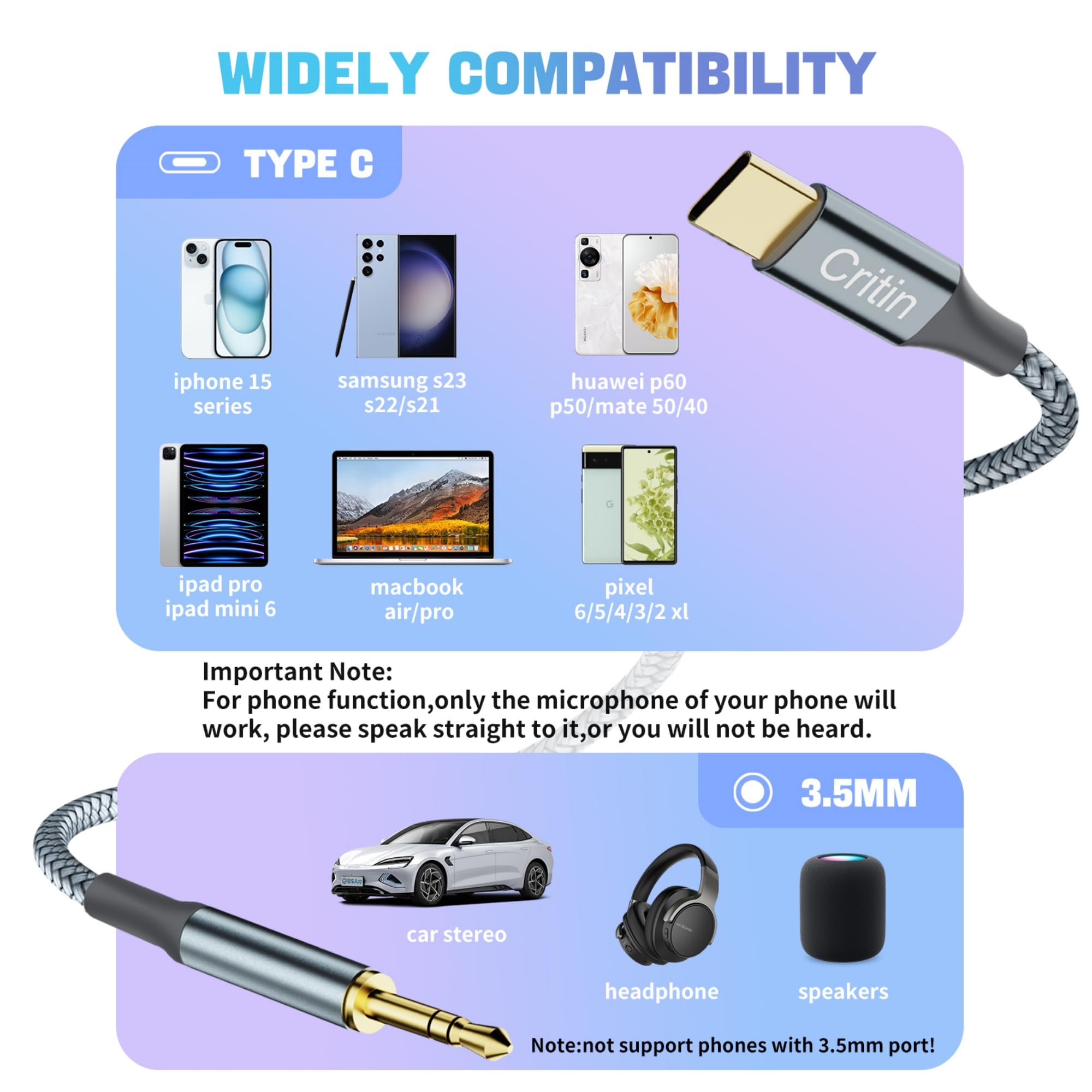 Câble USB C Vers Jack 3.5mm Audio Auxiliaire Femelle Compatible Pour ASUS ROG Phone 5 Pro Relier Votre Mobile à Votre Casque, Ecouteurs