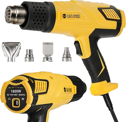 SainSmart Pistola de calor, 1800 W, control de temperatura variable 120 F-1202 F, pistola de aire caliente de calor rápido, con 4 boquillas para