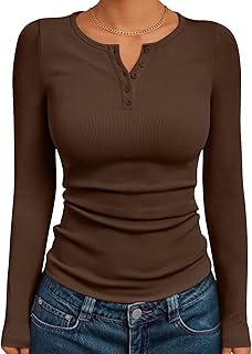 Long Sleeve Henley Shirts for Women Fall Winter Ribbed Thermal Tops Casual Blouses Basics Tees Cute Sweaters