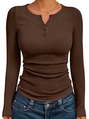 Trendy Queen Long Sleeve Henley Shirts for Women Fall Winter Ribbed Tops | Henley Shirts Fall Tops Winter Clothes Ribbed Tees Casual Blouses Basic Cute Sweaters Teachers Travel Airport Outfits - Small - Coffee