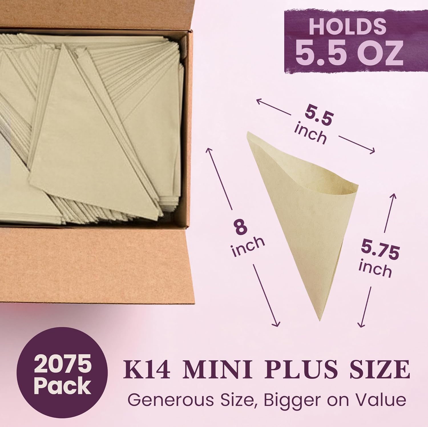 Friteshop Premium Eco Brown Paper Cones K-14 Mini Plus 5.5oz - Disposable, Grease Absorbing - Hors d’oeuvres & French Fries Holder, Catering & Parties - Durable European Made Snack Holder - 2075 Count
