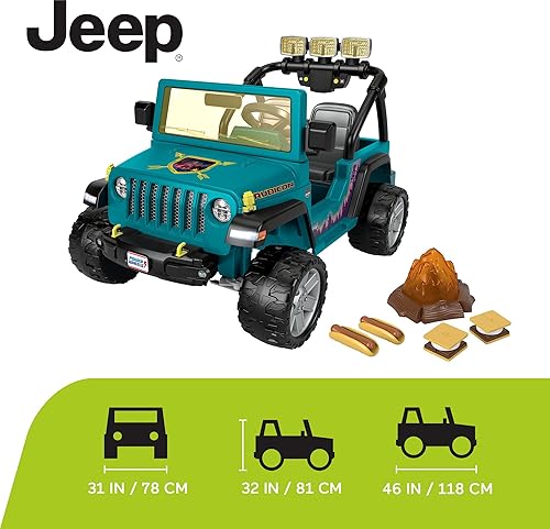 Miniatura 5 de Fisher-Price Power Wheels Jeep Wrangler montable para ir camping con comida de simulación, equipo de campamento y luces, juguete preescolar,