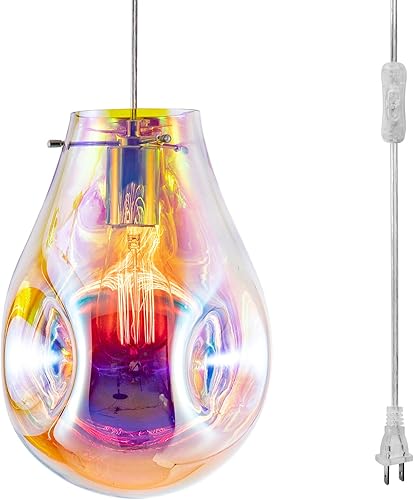 Lámpara colgante enchufable con cable E26 E27, moderno vidrio soplado a mano, luces colgantes coloridas con cable de enchufe para cocina, isla, sala