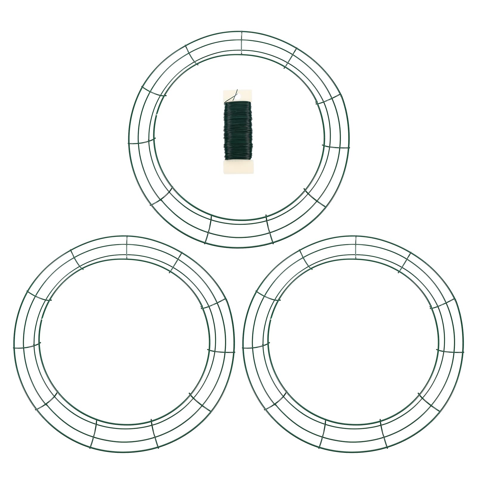 Angoily 3 Stück Selbstgemacht Drahtkranz mit Grünem Metallkranzring und 1 Rolle Draht Stabiler Runder Drahtrahmen für Garten und Weihnachtsdekoration