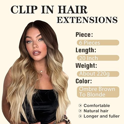 Miniatura 2 de NAYOO Extensiones de cabello con clip para mujer, 20 pulgadas de largo, ondulado, rizado, color marrón degradado a rubio, extensiones de cabello