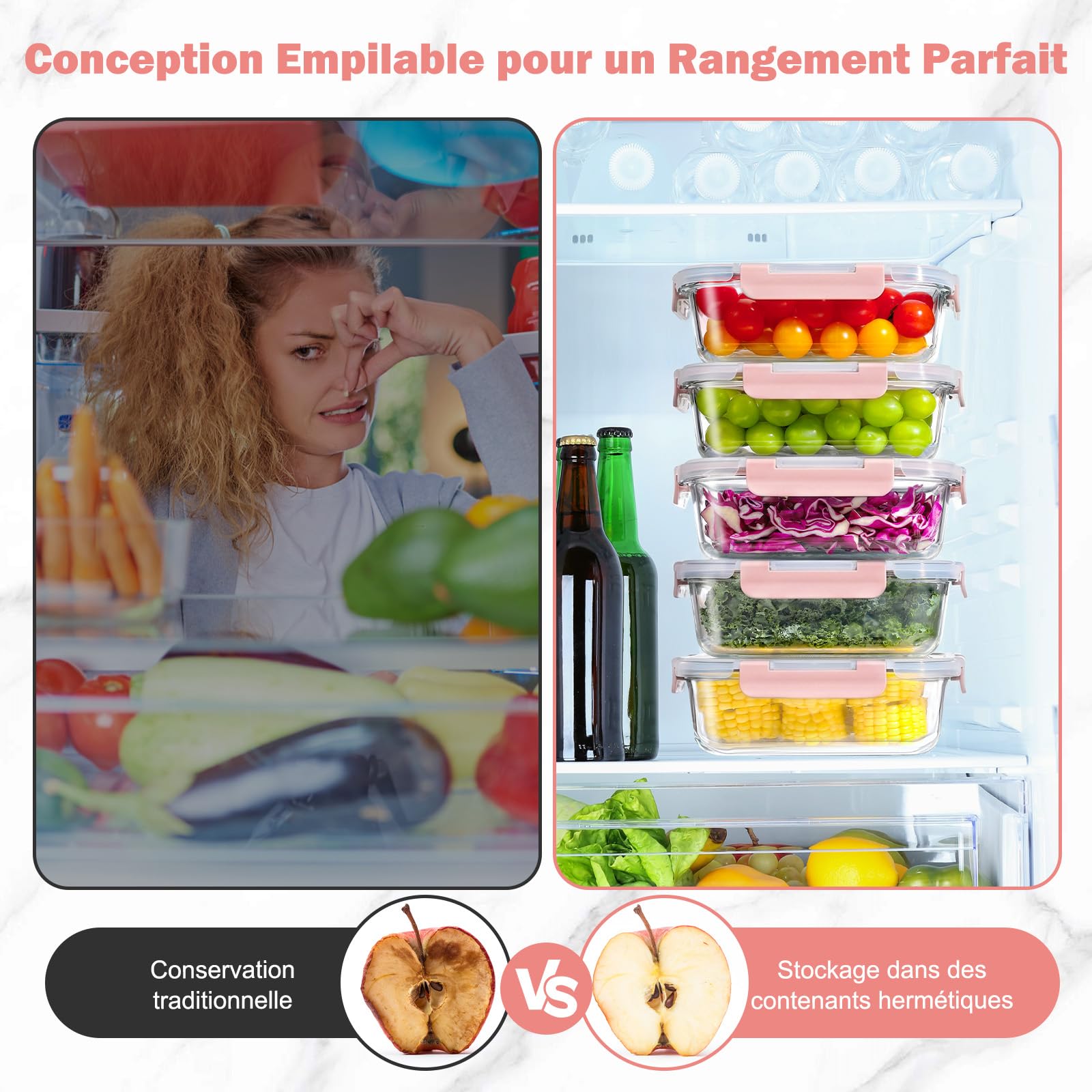 YASHE Set of 12 Reusable Glass Lunch Boxes with Airtight Lids - BPA Free, Microwave, Oven, Dishwasher, Freezer, Pink