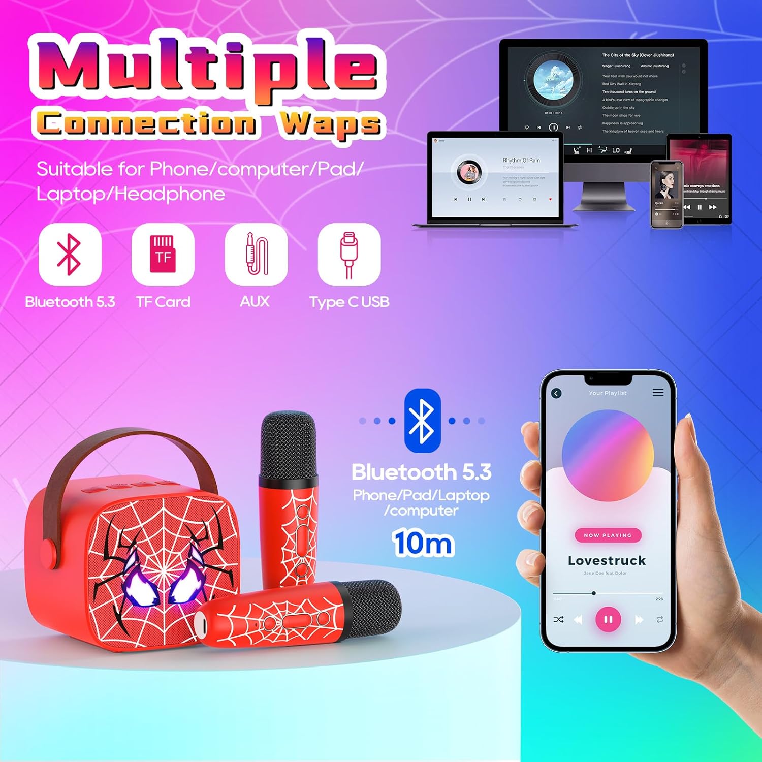 Mini Karaoke Machine for Kids, 2 Wireless Microphones with Bluetooth Portable Speaker & Dynamic LED, Kids Karaoke Machine for Girls Boys Ages 3-12+, Christmas/Birthday Gifts/Toys for Party & Playing - Image 2