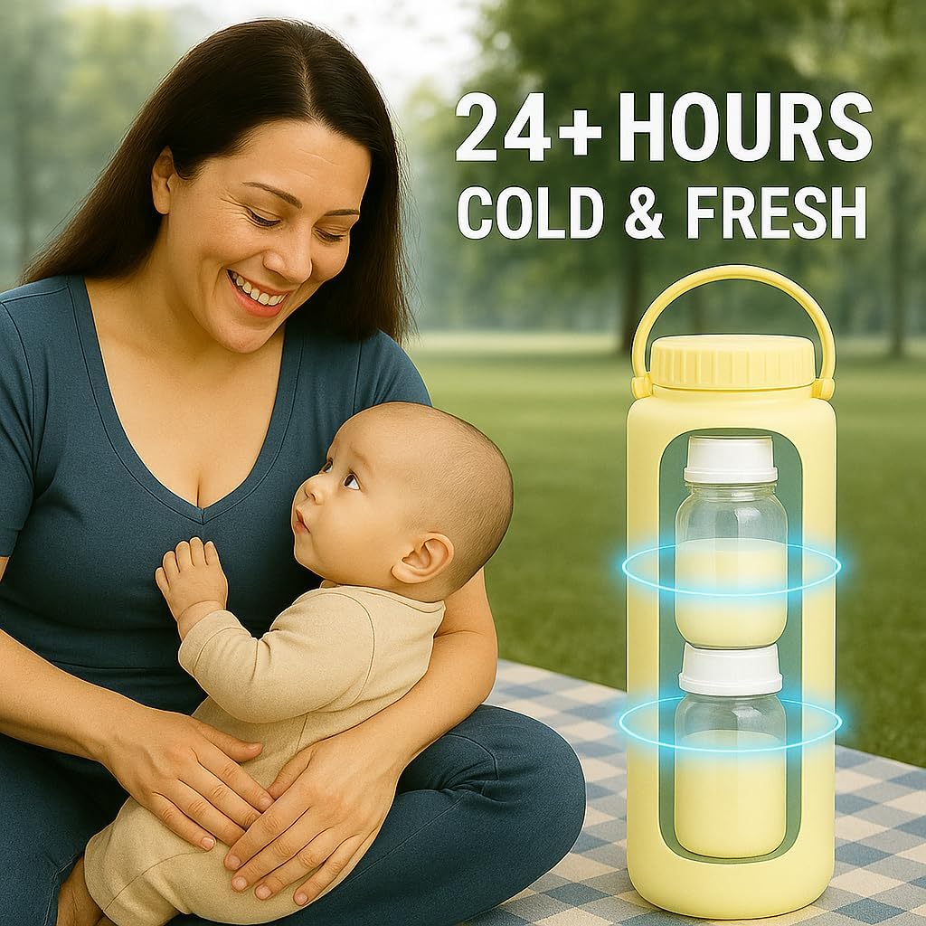 Portable Breast Milk Cooler Bottle – 22oz Large Capacity, 360° Cooling Keeps Milk Fresh for 24+ Hours, Travel Breastmilk Chiller with 2 Baby Bottles, Essential for Outdoor Breastfeeding Moms