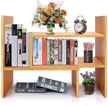Callas Adjustable Wood Desktop Storage Organizer Display Shelf Rack | Spice Rack | Counter Top Bookcase Book Shelf | Home Décor Display & Storage Rack Cabinet Unit | Parent (BS-1-Brown) - image, photos