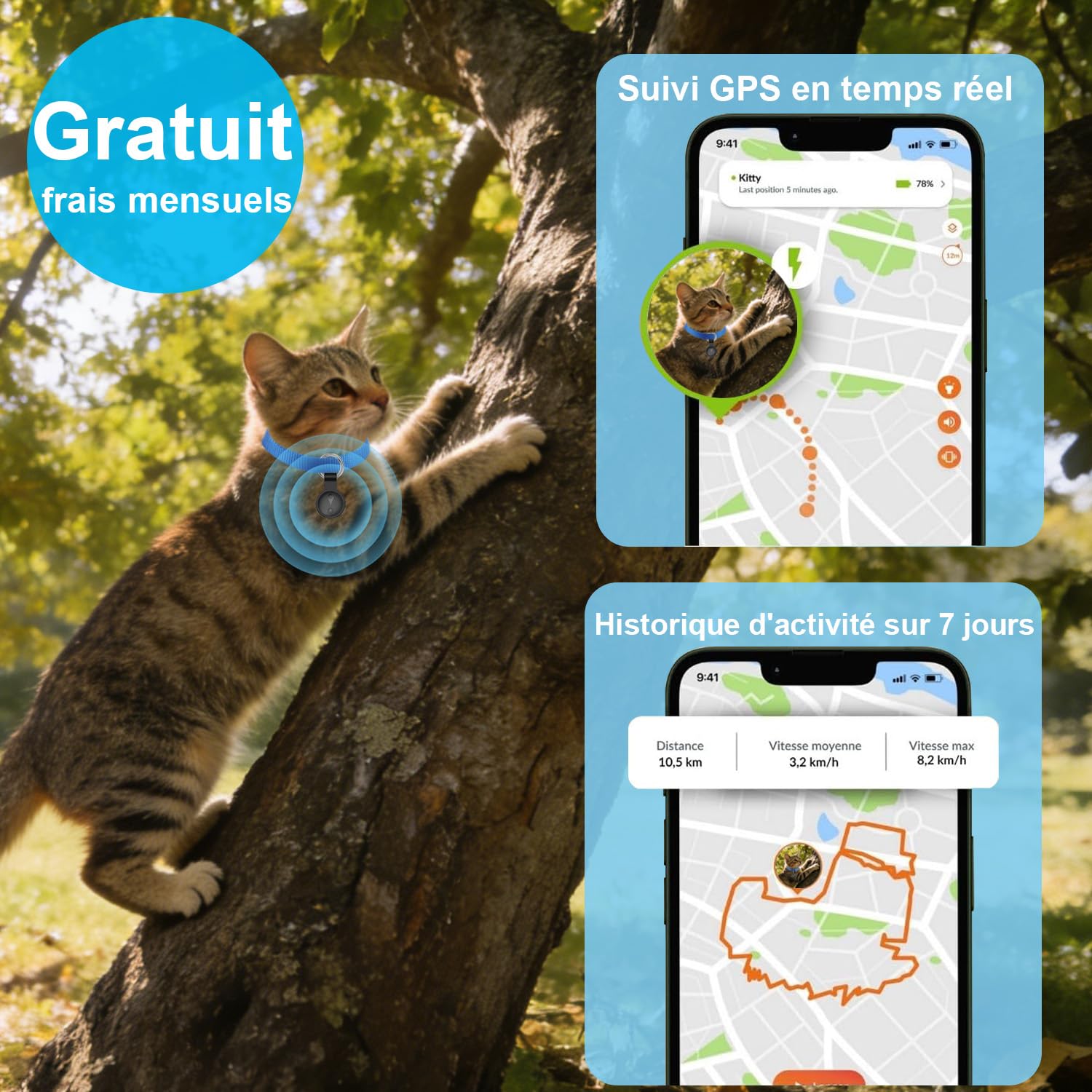 Localizador GPS Perros,GPS Dog Compatible con Sistemas iOS Y Android GPS para Gatos En Real BateríA De Larga DuracióN, Rastreador GPS para Gatos Rastreador De Mascotas Impermeable-Negro