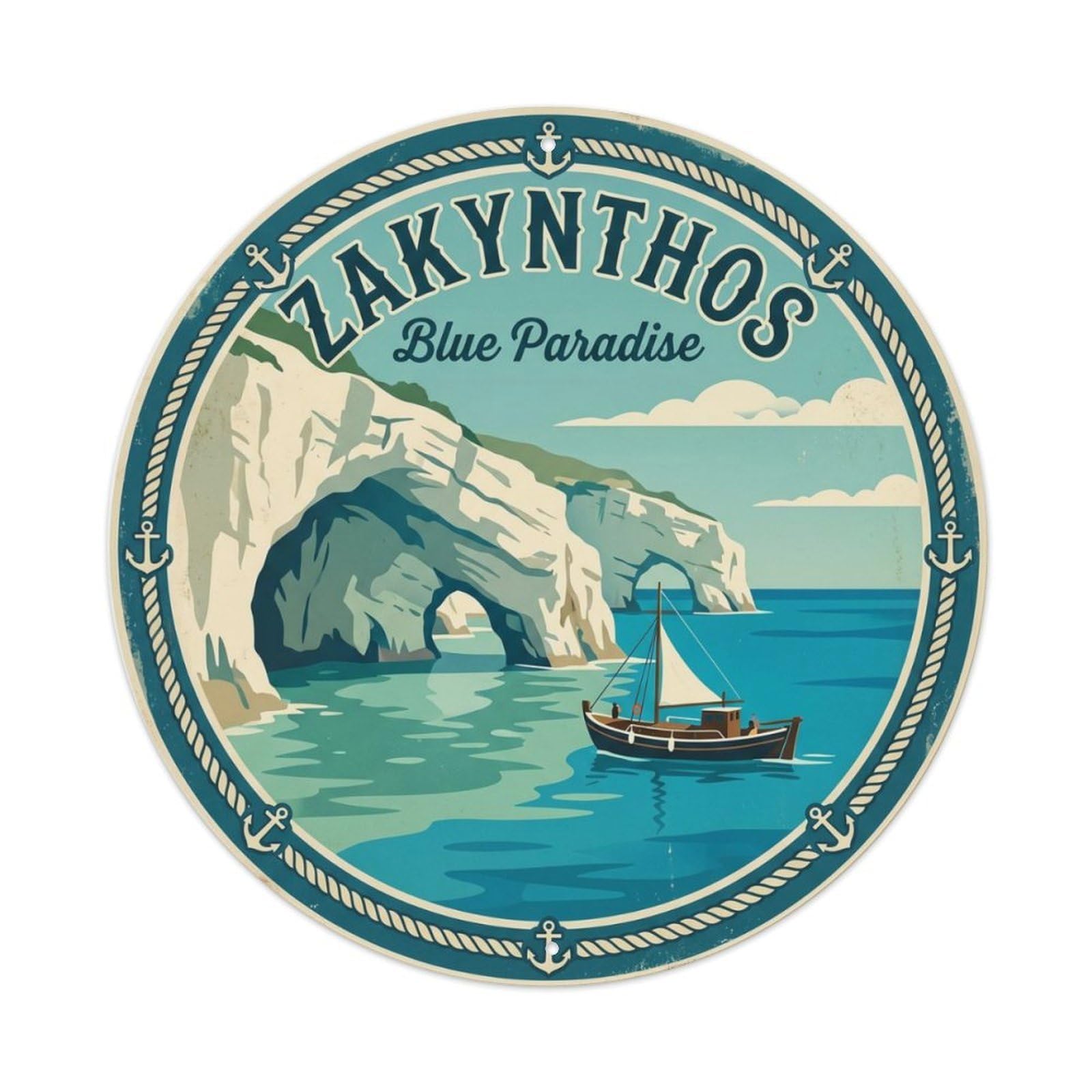 Vintage Travel Zakynthos Coast Greece Metal Tin Sign Plaque Wall Decor for Cafe, Club, Garden Round Metal Poster 8x8Inch