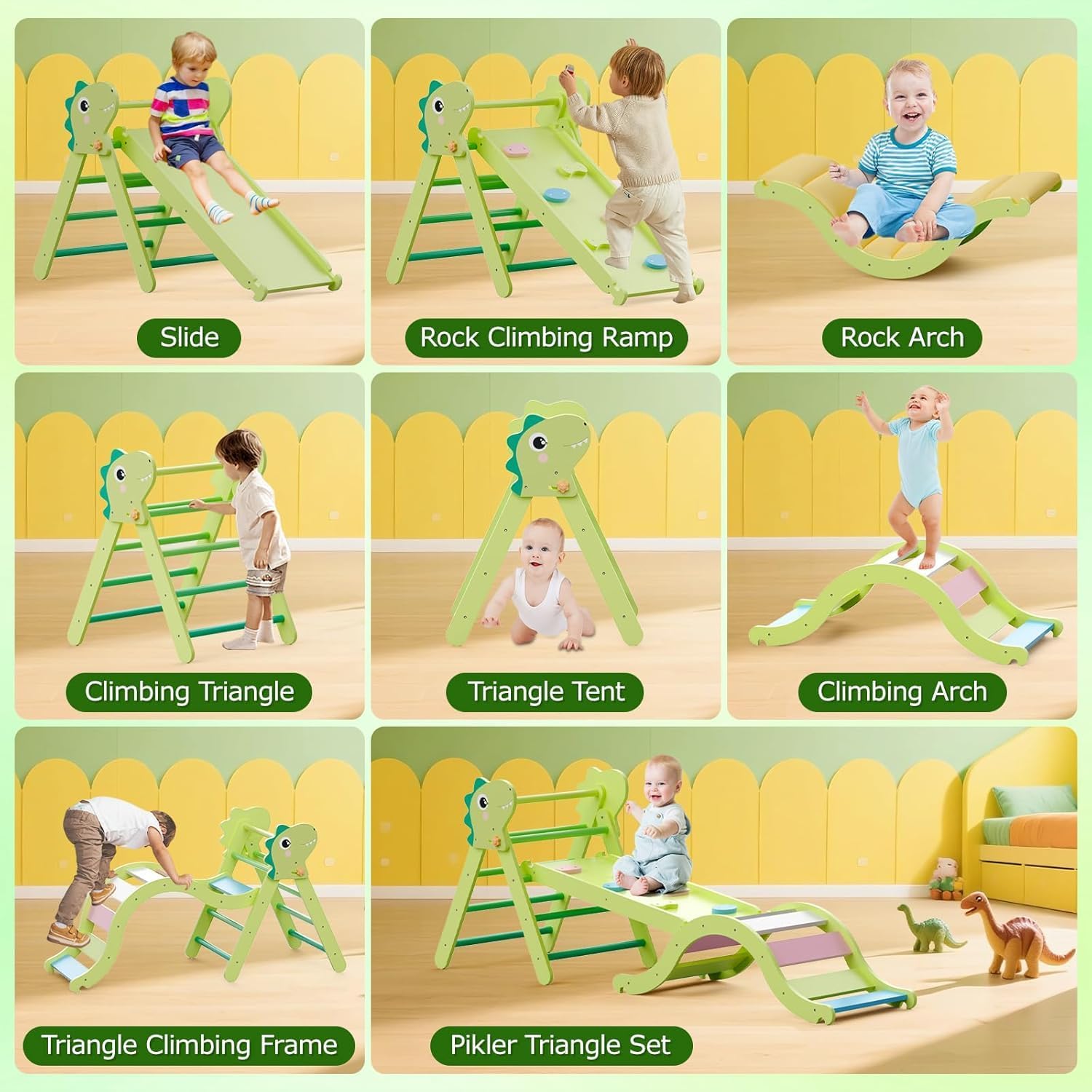 LOVIVO Kletterdreieck Indoor Set 9-in-1 inklusive Klettergerüst Indoor, Kletterbogen & Kissen | Klappbares Holz Klettergerät, Montessori Kletterset für Kleinkinder 1-3 Jahre, Krippe & Zuhause