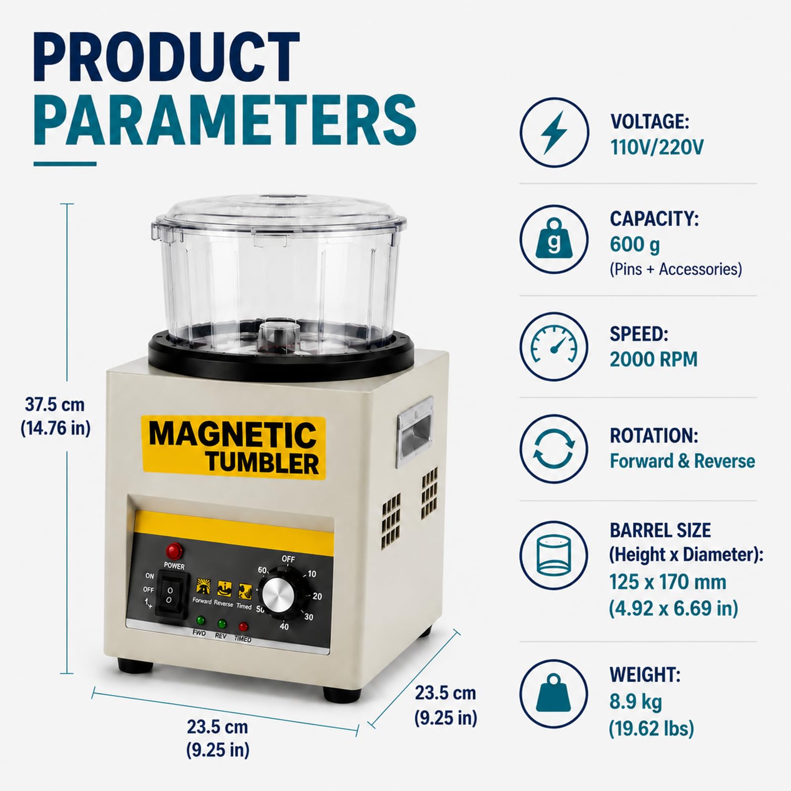 Automatyczny Bęben, 250W Magnetyczna Wykańczarka Z Timerem | Avlägsnar Oxidation & Grader, 2000 Varv/Min, 600g Kapacitet, Dubbelriktad, 8,9kg, För Silver & Precisionsdelar