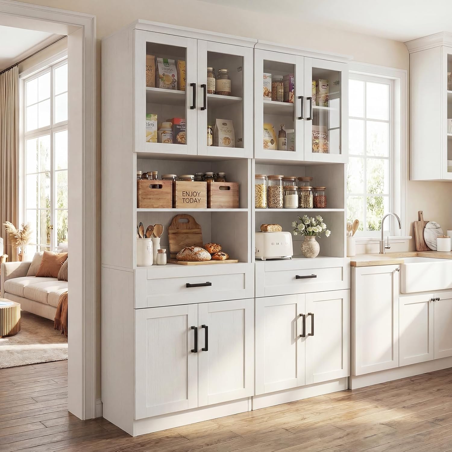 Unikito 79.7" Tall Kitchen Pantry Storage Cabinet, Freestanding Kitchen Hutch Cabinet with Glass Door, Adjustable Shelves and Drawer, Display Bookcase for Living Room, Dining Room, Bathroom, Black