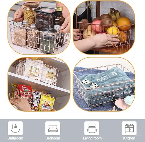 Miniatura 7 de Paquete de 4 cestas de alambre para despensa de alambre de metal para congelador, cubos organizadores con asas, cesta de metal de oro rosa para