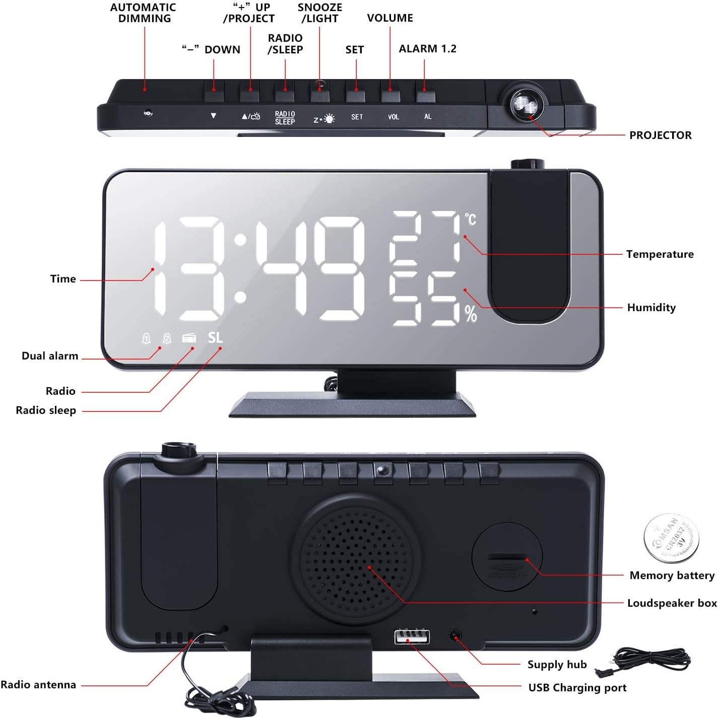 Projection Alarm Clock for Bedroom Ceiling Digital Clock Radio with USB Charger Ports 180° Rotatable Projector, 12/24H,Snooze,Dual Loud Alarm Clock (Black)