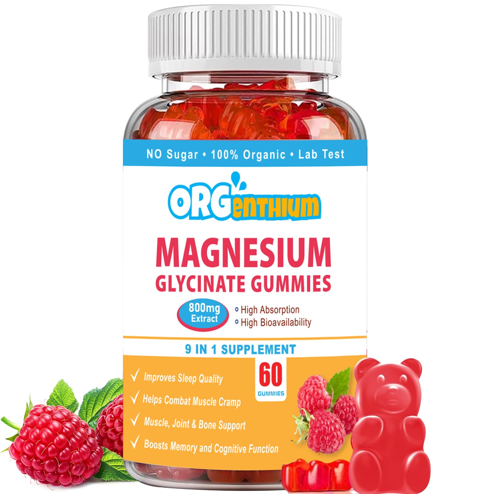 Magnesium Glycinate Gummies 500mg with L-Threonate, Vitamin D, B6, Potassium & CoQ10 | Sugar-Free Complex Formula | Raspberry Flavor | 60 Count 60 Count (Pack of 1)