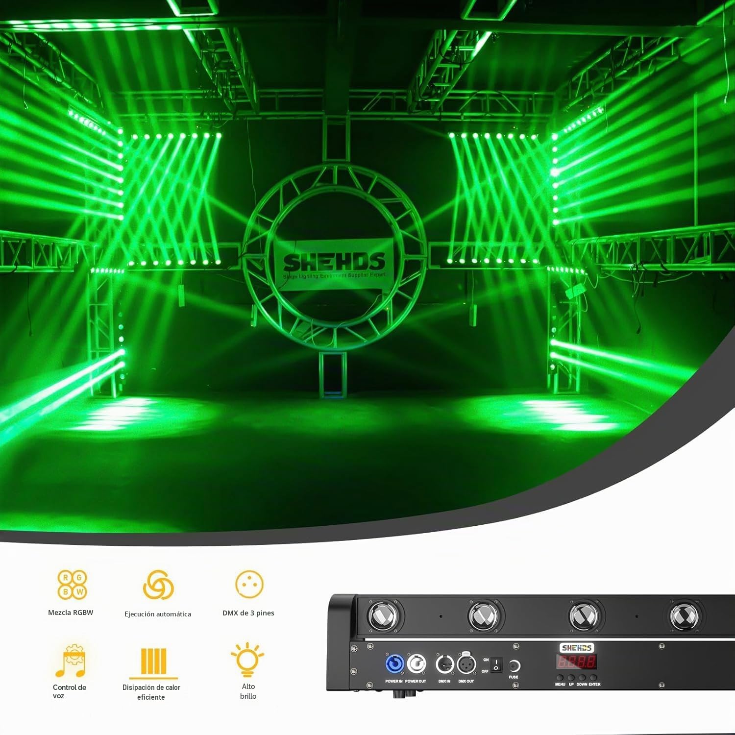 SHEHDS RGBW 4 en 1 tira de luz LED con cabezal móvil 8 x 12 W, haz de luz y efecto reflectante, ángulo de lente 8°, inclinación 180°, tira de luz DMX y control de sonido