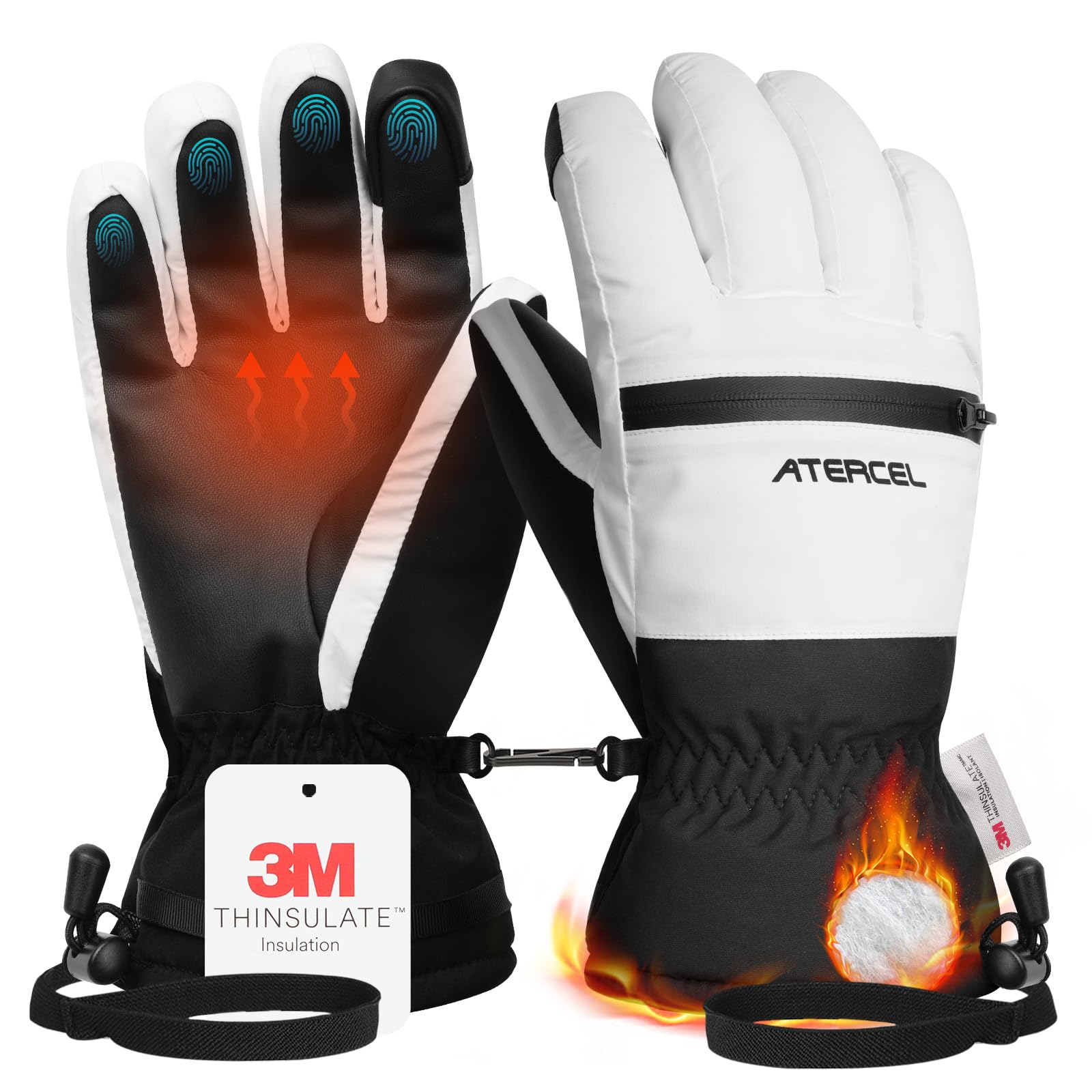 ATERCEL Waterproof Ski Gloves - 3M Thinsulate Warmth, Touchscreen, Ideal for Men and Women in Skiing, Snowboarding, Snowmobiling, and Winter Hiking White S