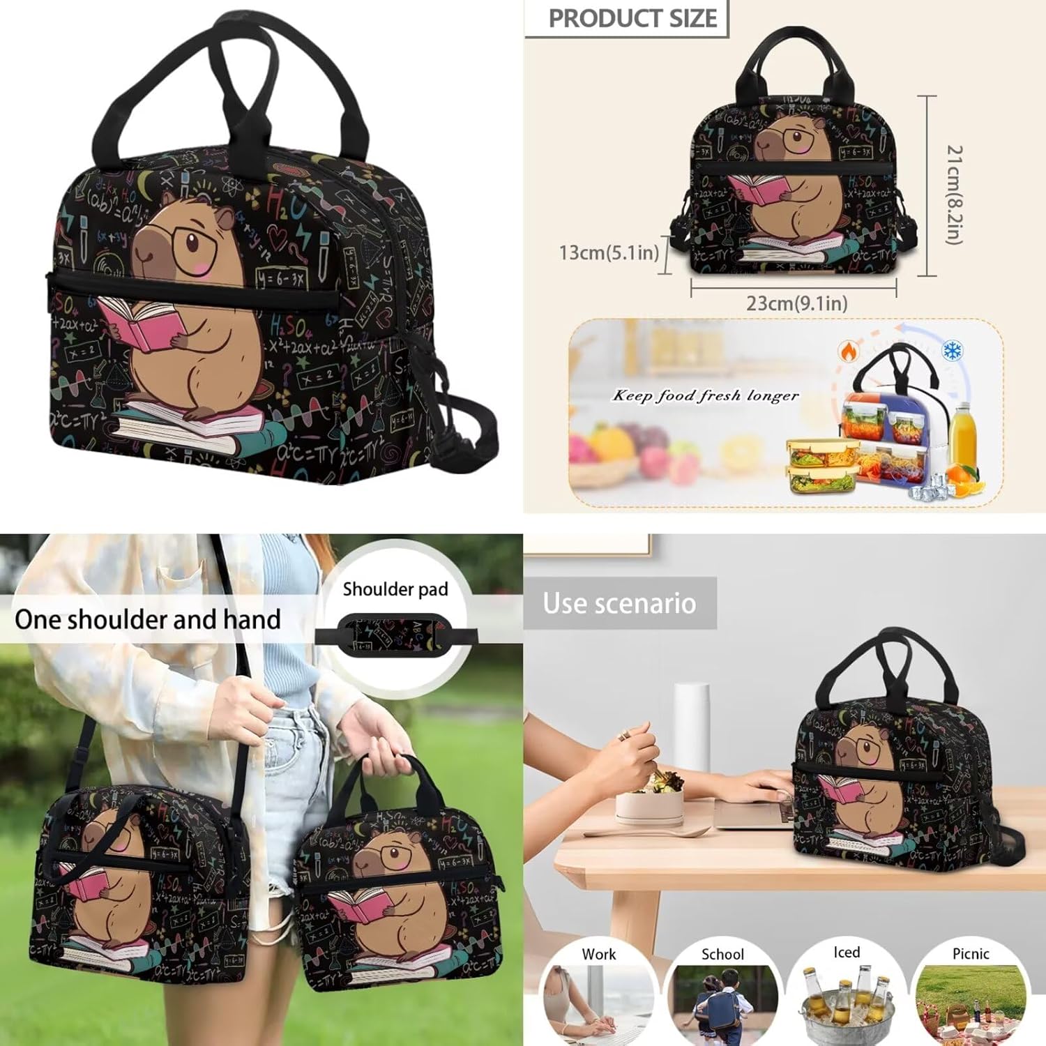 BIGCARJOB Capybara Backpack for Girls School Bags Set with Lunch Box and Pencil Case Water Bottle Carrier Set 5 Pack Kids School Bookbags Cute Bookmark Set Casual Daypack for Primary
