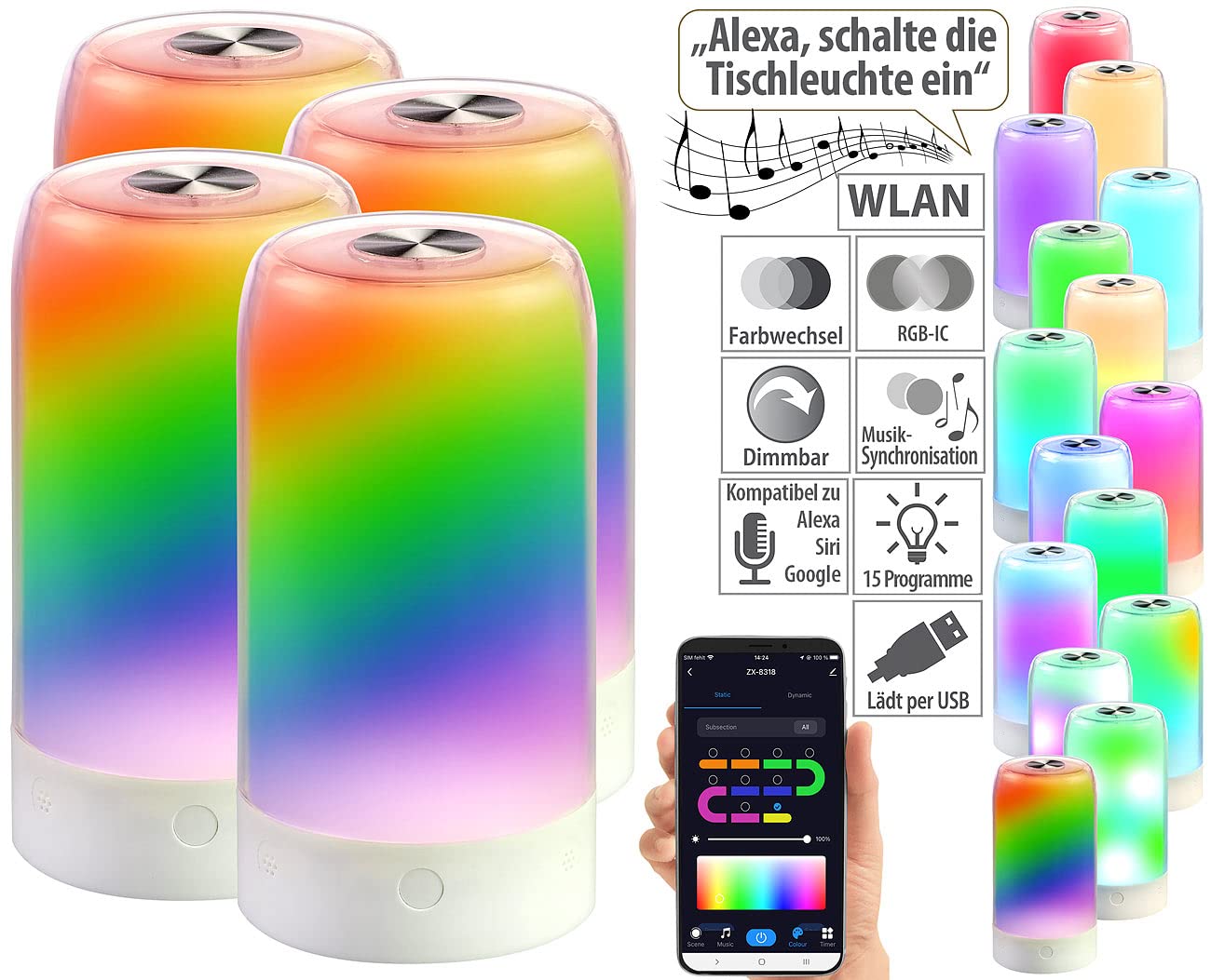 Luminea Home Control RGB-LED-Tischleuchte: 4er-Set smarte Stimmungsleuchten mit RGB-IC-LEDs, 15 Modi, WLAN, weiß (Multicolor Leuchte, Touchlampen, Baby)