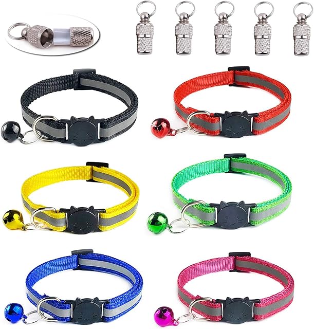 Cat Collar Quick Release,6 Pack Reflective Cat Collars & 6 Pack ID Tags Kitten Personalised Collar with Bells and Safety Buckle,Adjustable to Fit All Domestic Cats Accessories Pet Supplies