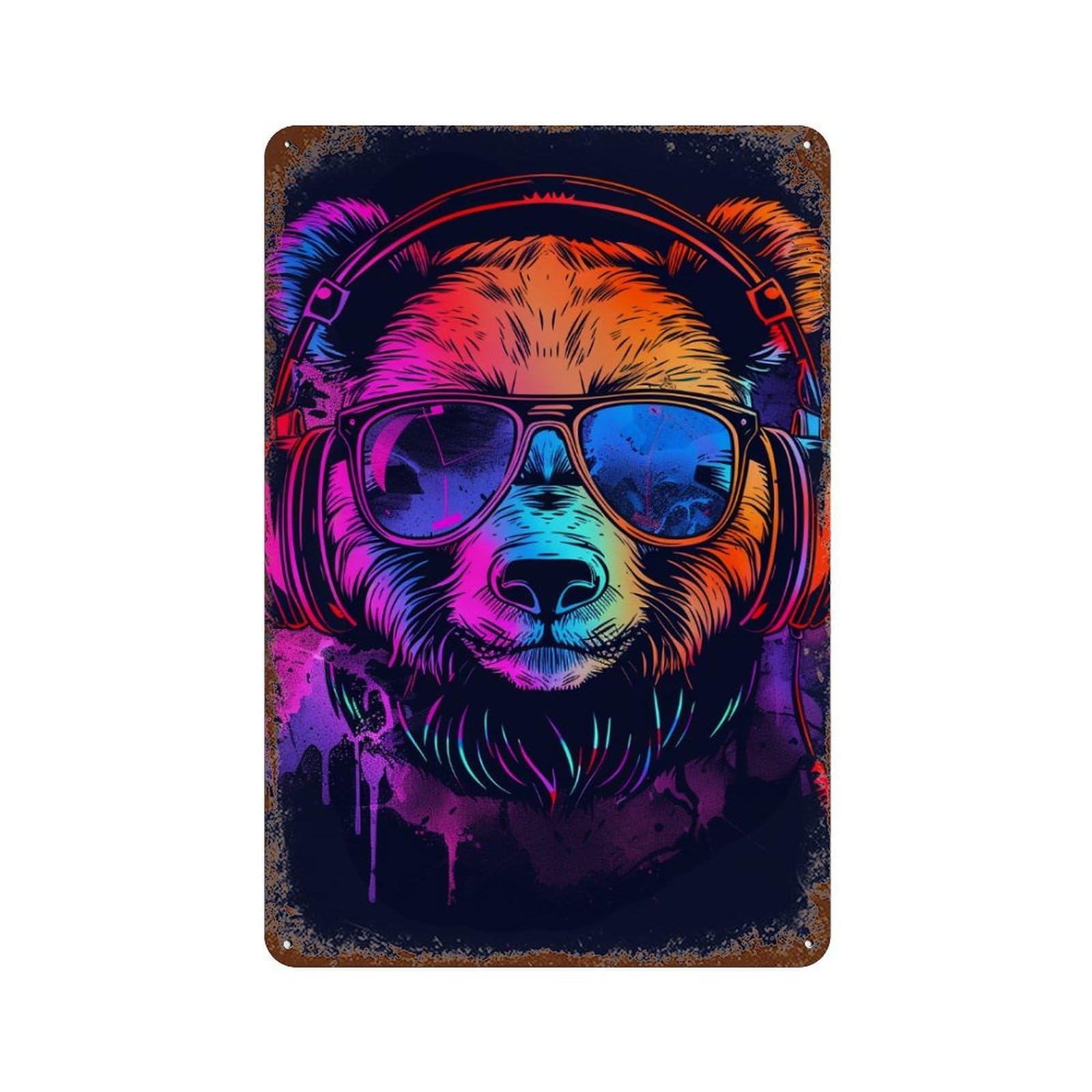 Neon Monkey Headphones Art Print -2 Rustic Tin Plaque 11.8"x7.9", for Shed, Workshop And Garage Wall Decor, Shabby Chic Decor