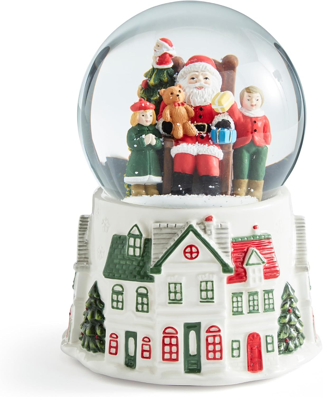 Spode Christmas Village Snow Globe Featuring Santa & Kids – Musical Holiday Snow Globe Decoration with Glass Dome, Light-Up Resin Base Featuring Festive Winter Village House Scene – Great Gift