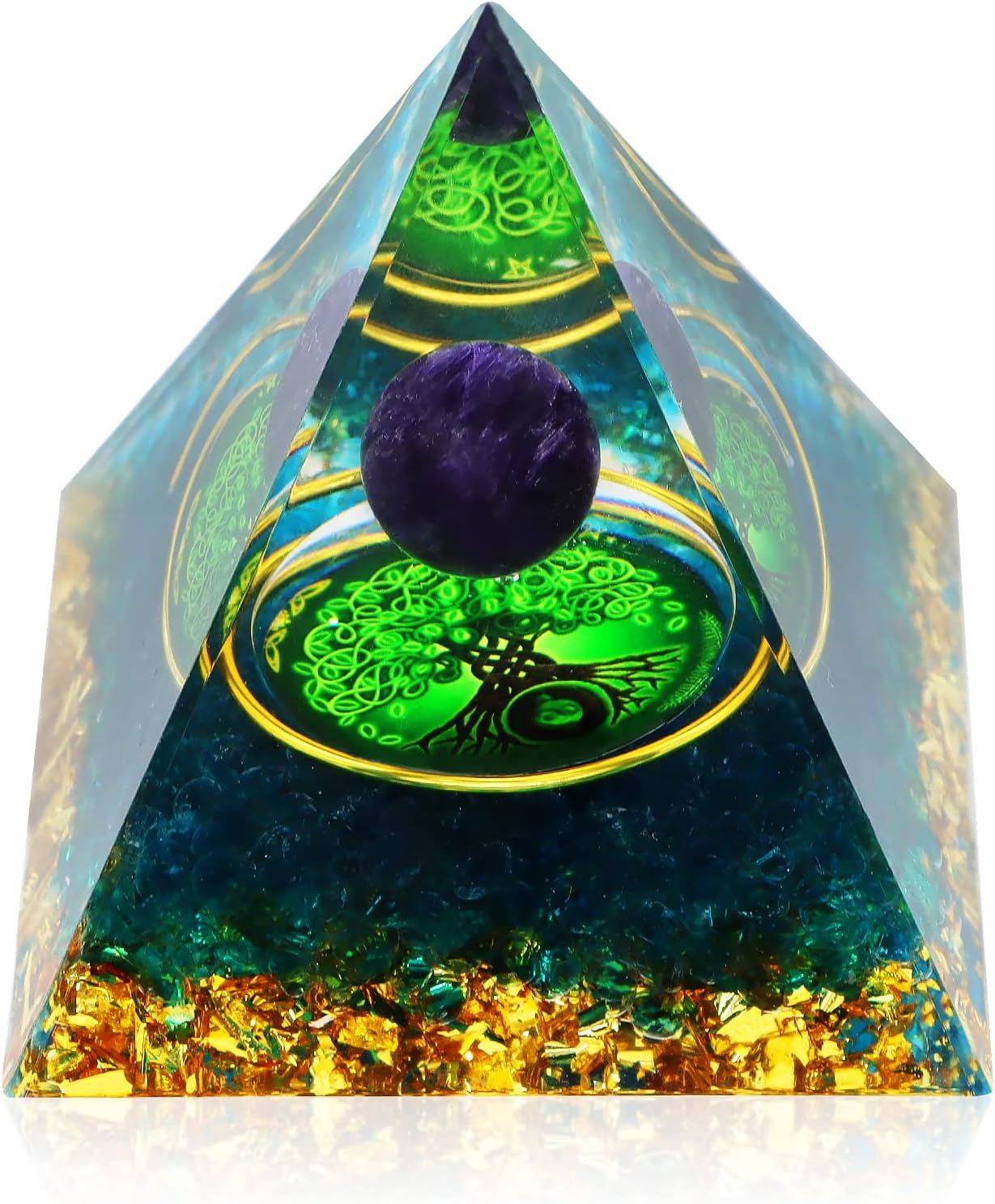 GrednfhatLarge Orgone Pyramid for Positive Energy, 3.1x3.3in Amethyst Crystal Sphere Pyramid, Protection Crystals Energy Generator for Stress Reduce Healing Meditation Attract Wealth Lucky