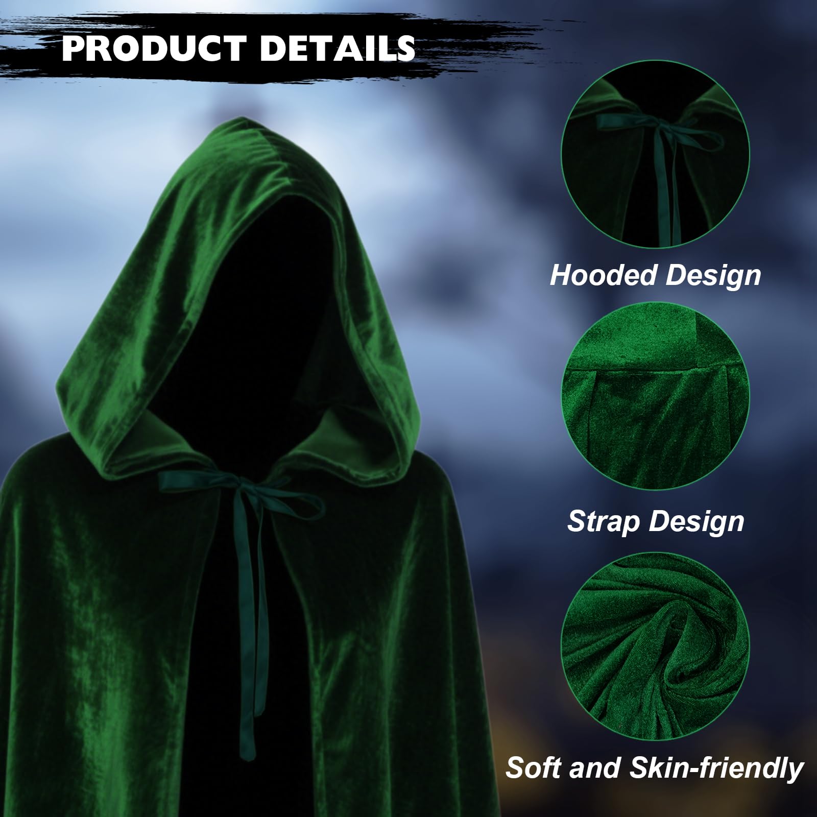 YAUOIPI Green Holloween Grim Reaper Cape,47.24 Inch/120cm Velvet Green Cloak,Halloween Fancy Dress Costume,Witch Cosplay Accessories for Boy Girls Halloween Christmas Fancy Dress (Green) - Image 3