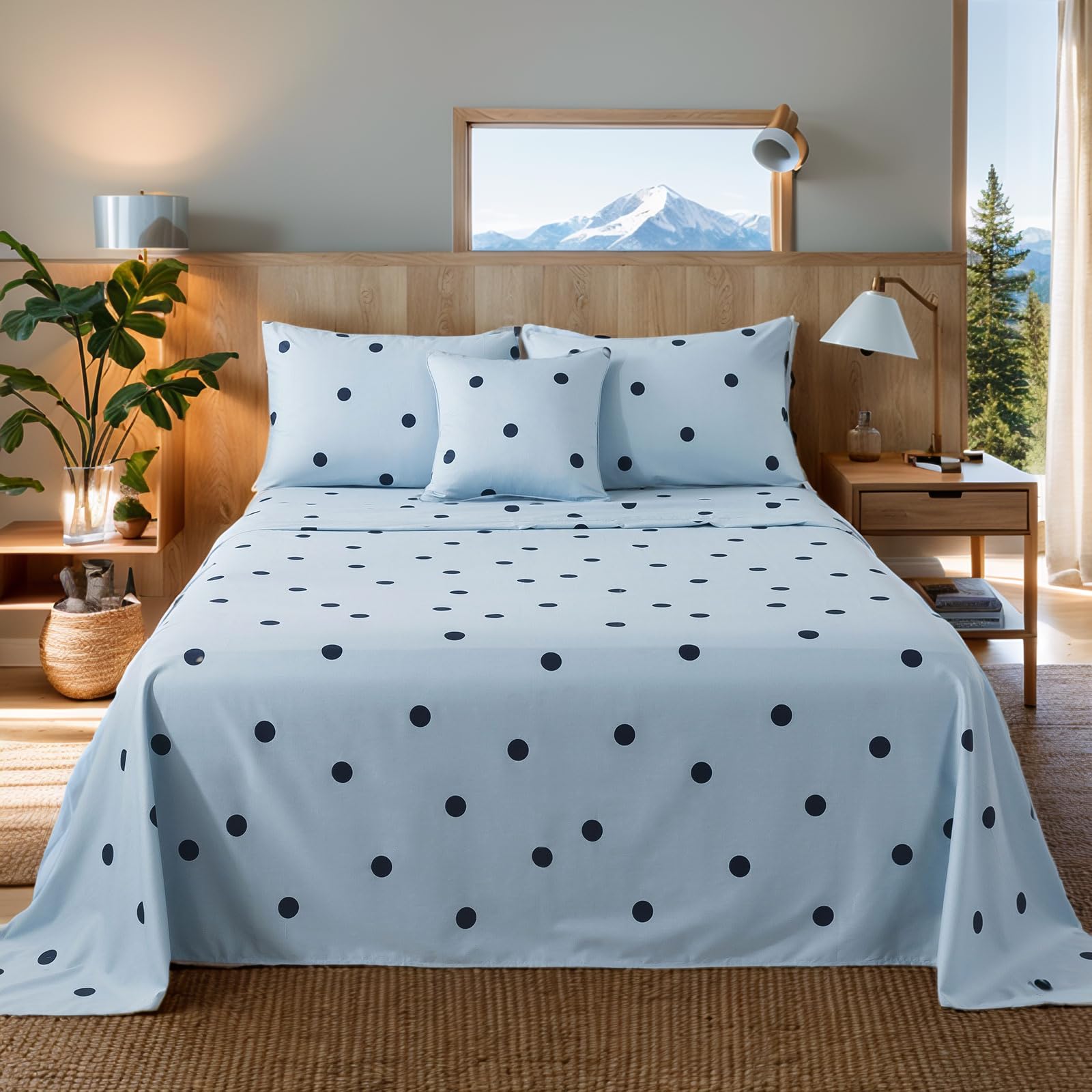 FADFAY Light Blue Twin Extro Long Size Polka Dot Sheets 100% Cotton Geometric Bedding Teens Modern Circle Pattern College Bedding Deep Pocket Sheets with 2 Pillowcases Ultra Soft 4pcs, for Dorm Room