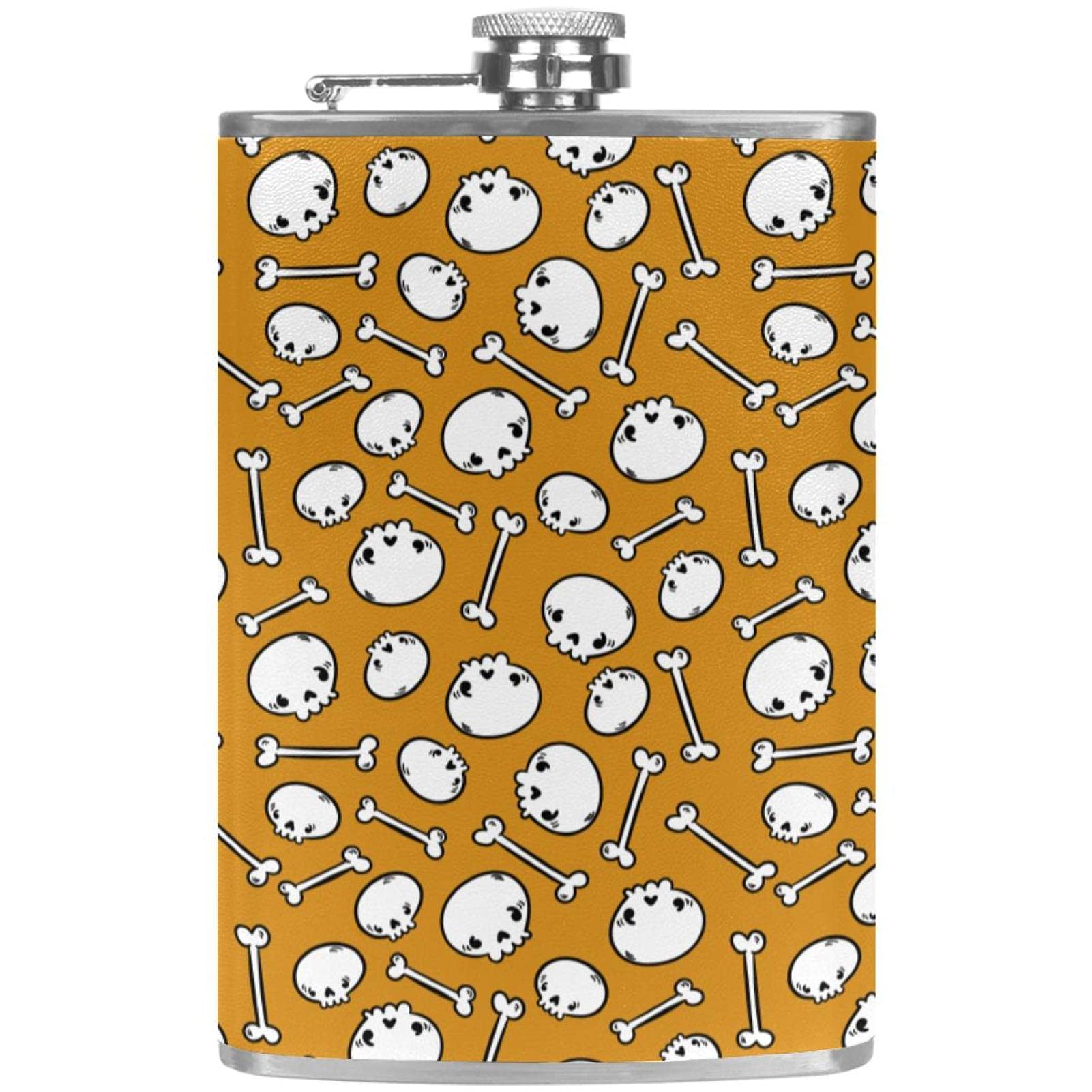 Cadeau pour homme ou femme originale flasque orange motif crâne et os