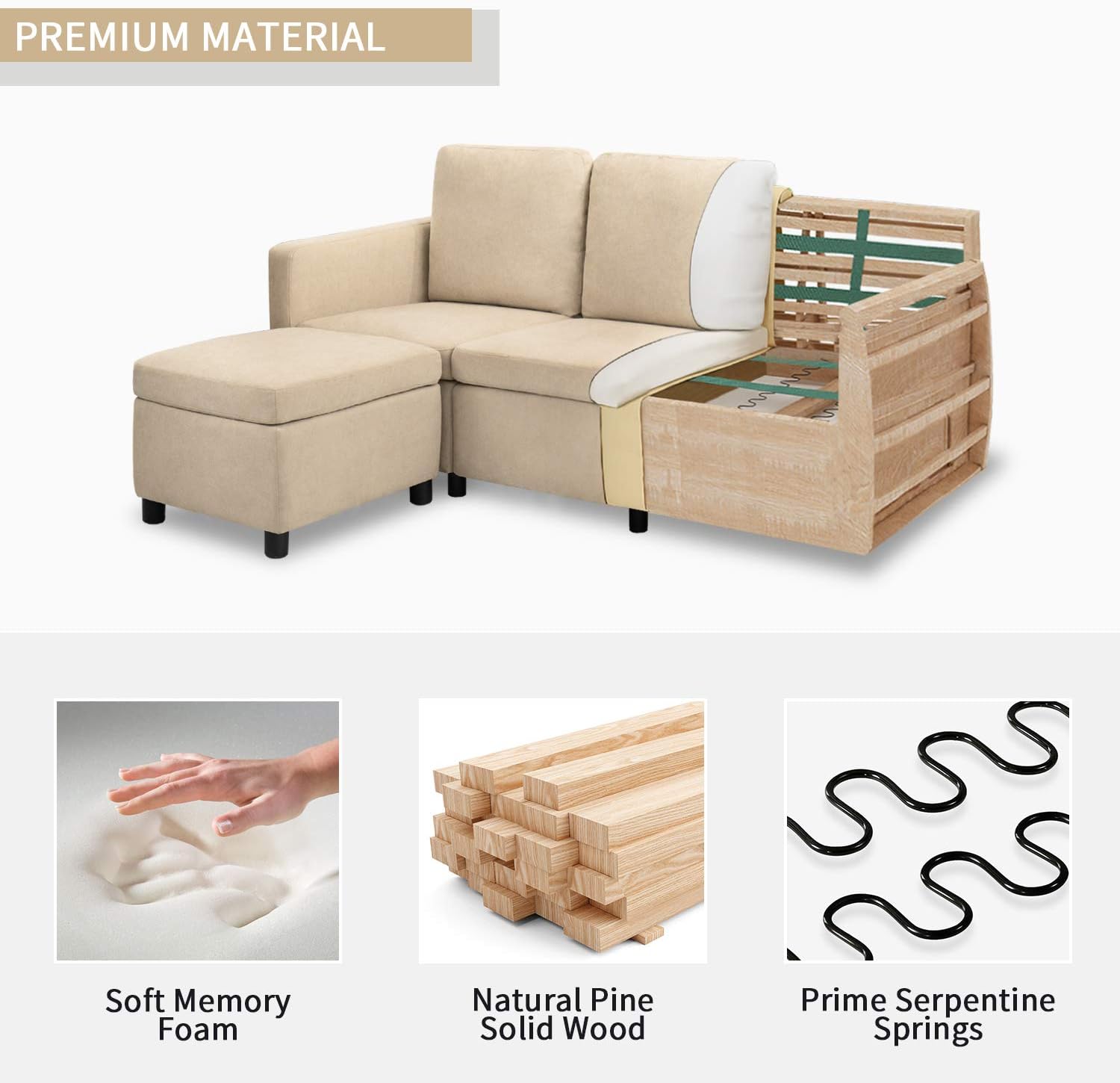 JUMMICO Convertible Sectional Sofa Couch Living Room Linen Fabric L-Shaped Sofa 3-Seat Modern Sectional Couch with Chaise for Small Space (Beige)