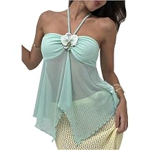 MakeMeChic Women's 3D Floral Mesh Halter Tops Tie Backless Split Party Night Out Tank