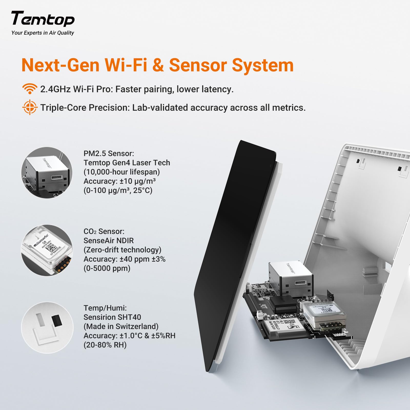 Temtop M100-UP Stacja pomiarowa jakości powietrza, 2.4G WLAN Bluetooth termometr z aplikacją, 8-w-1 urządzenie do pomiaru jakości powietrza (PM2.5/CO2/Temperatura/Wilgotność)