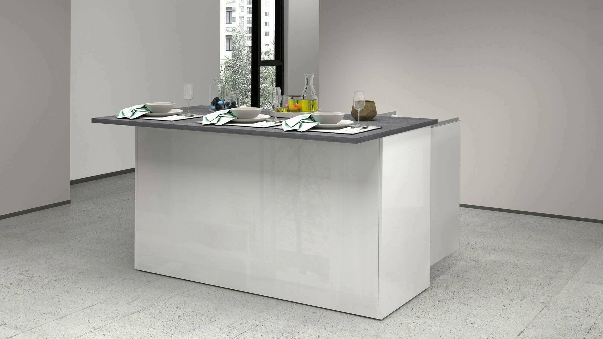 Dmora - Kücheninsel Patrizio, Mehrzweckschrank, Küchenzeile Schrank, Zusätzlicher Tisch, 100% Made in Italy, 155 x 90 x 90 cm, glänzendes Weiß und Schiefer