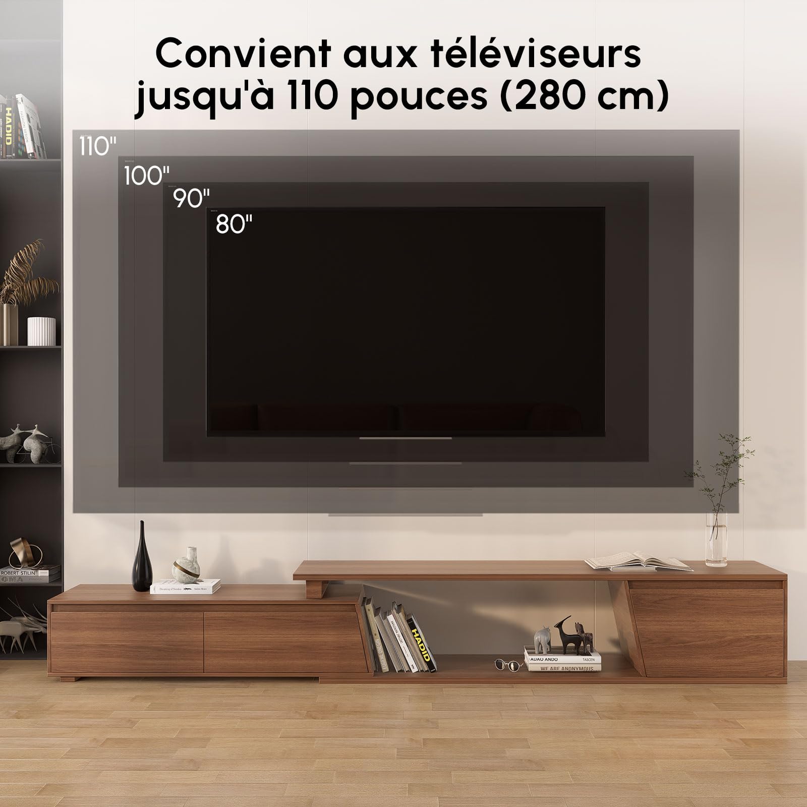 Homary Meuble TV Extensible Bois Noyer 180-280cm Longueur avec 3 Tiroirs Spacieux, MDF Écologique, Rangement Ouvert, Design Moderne pour Salon, Installation à Gauche/Droite