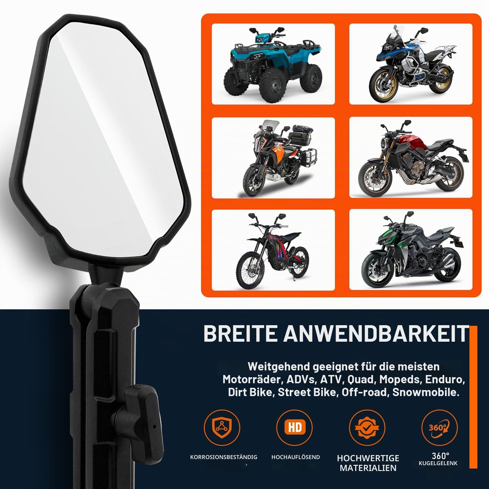 DREAMIZER Adventure Motorradspiegel, E24 Universal 8mm 10mm Motorrad Seitenspiegel, 22mm 7/8" Lenker Rückspiegel Kompatibel mit RZR YFZ 390 790 890 adv YFZ TRX90 ATV Quad Enduro Dirt Bike Schneemobil