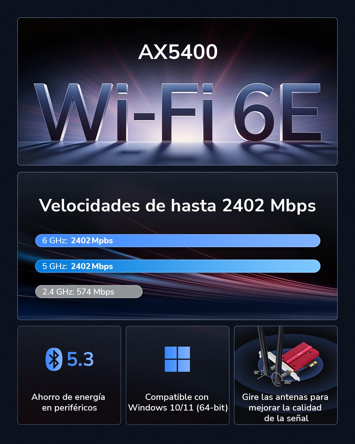 Cudy AX5400 Tri‑Band Wi‑Fi 6E Bluetooth PCI‑E Adaptador PC WE3000S | Módulo Intel AX210, 2,4/5/6GHz hasta 5400Mbps, Bluetooth 5.3, ranura PCIe, WPA3, OFDMA MU-MIMO, Win 10/11
