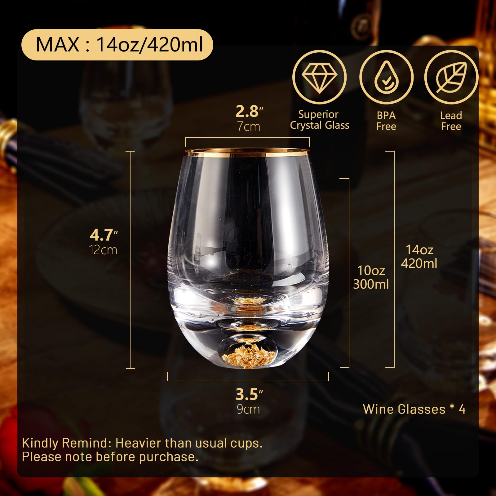 wine glass DUJUST Weingläser ohne Stiel 14oz, Rotweingläser aus Kristall, verziert mit 24-karätigen Blattgoldflocken, für Rot- und Weißwein, Personalisierte Weinsets, Geschenke für Damen/Herren–4pcs