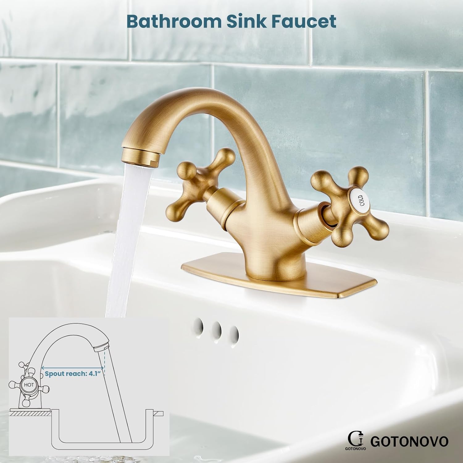 gotonovo Bathroom Sink Faucet Single Hole Double Cross Handle Knobs Lavatory Vessel Sink Mixer Tap Bathroom Faucet with Pop up Drain and Deck Cover Plate Antique Brass
