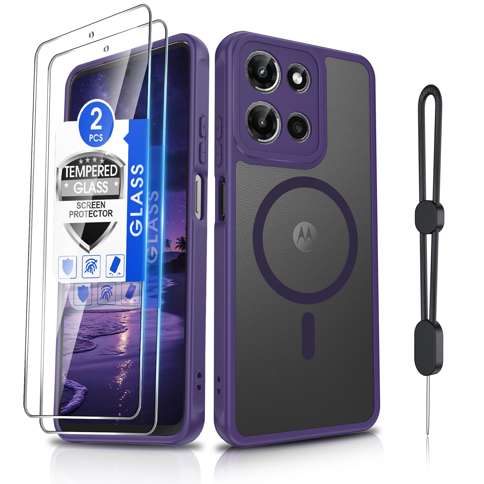 Dizn Magnetic for Moto G 2025/2026 Case, Motorola G Play 2025/2026 Matte Funda, with Tempered Glass Screen Protector, Compatible with MagSafe,with Strap,Shockproof Protective Moto G Play 25/26, Purple
