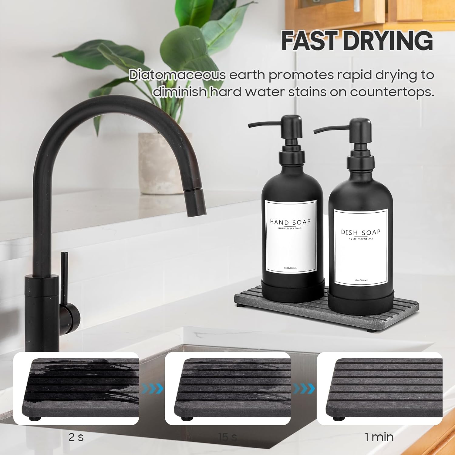 Kitchen Soap Dispenser Set with Instant Dry Tray & Sponge Holder,16 Oz Hand and Dish Soap Black Glass Dispenser Set,Stainless Steel Pump,Waterproof Labels,Luxury Soap Bottle for Bathroom - Image 3