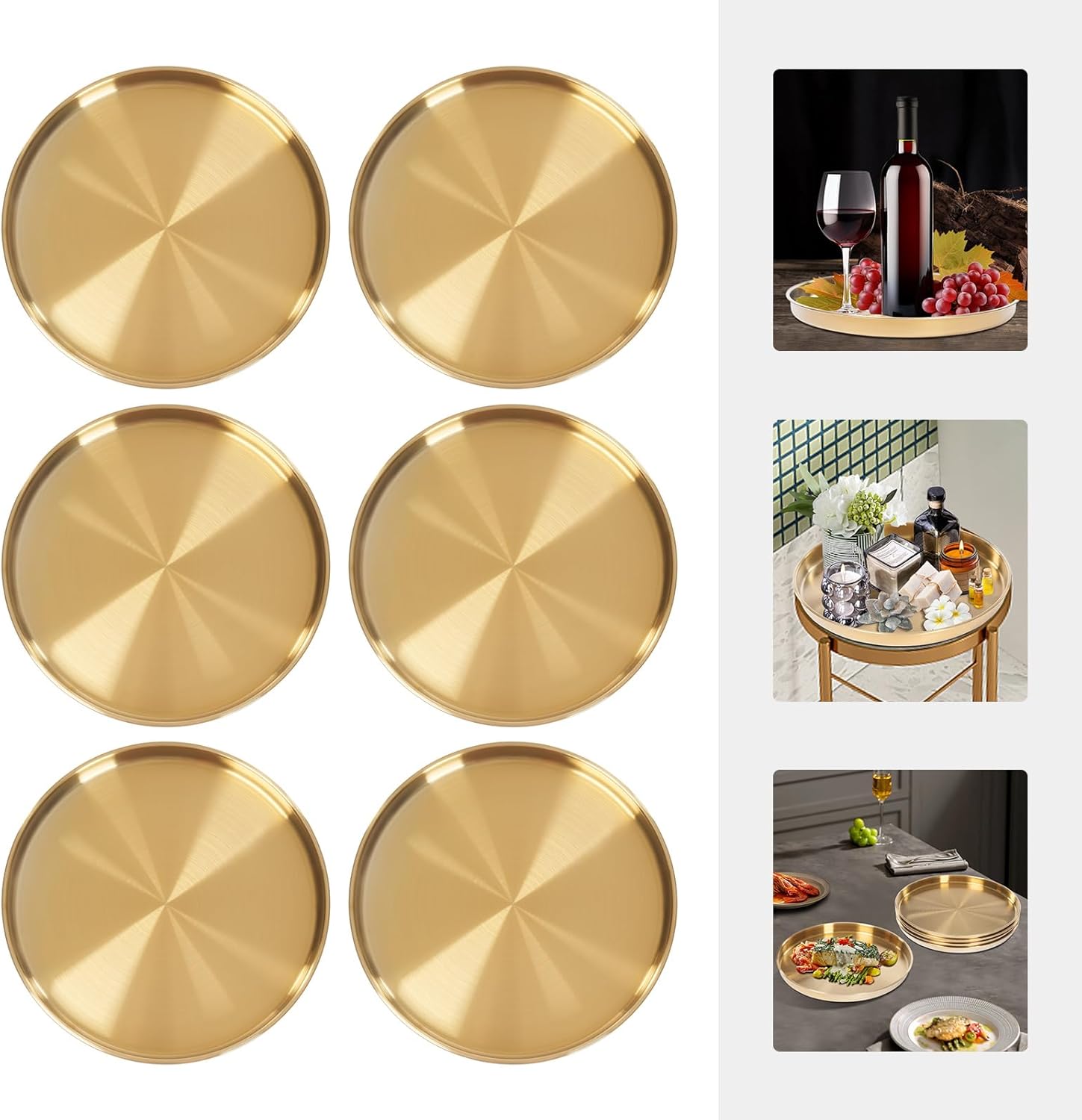 6 PCS 12 Inch Round Gold Tray, Stainless Steel Gold Plates, Gold Decorative Tray, Reusable Round Camping Plate for for Food, Jewelry, Bathroom Counters, Living Rooms (Dishwasher Safe)